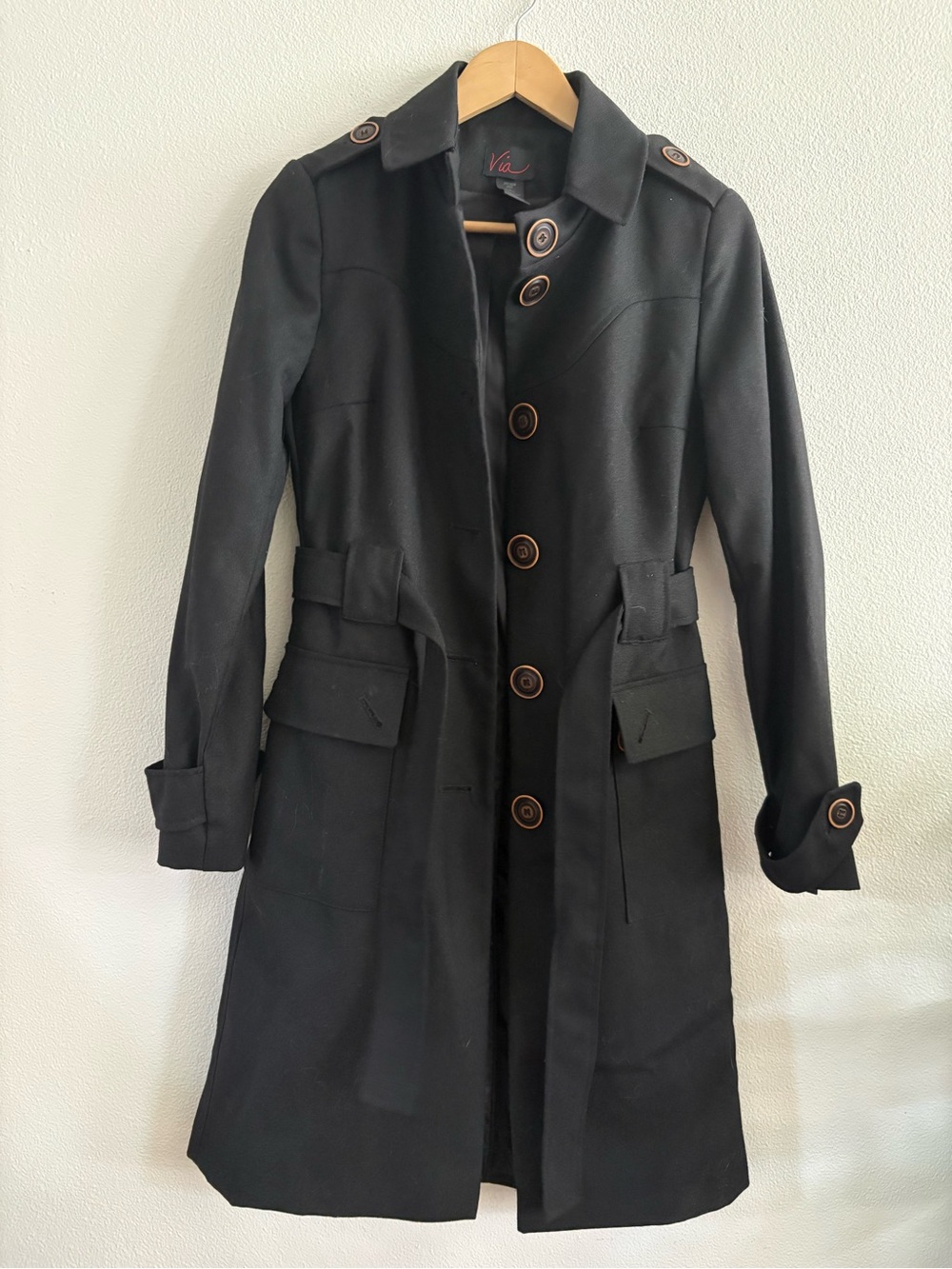 Via Spiga Black Trench Coat with Button Detail